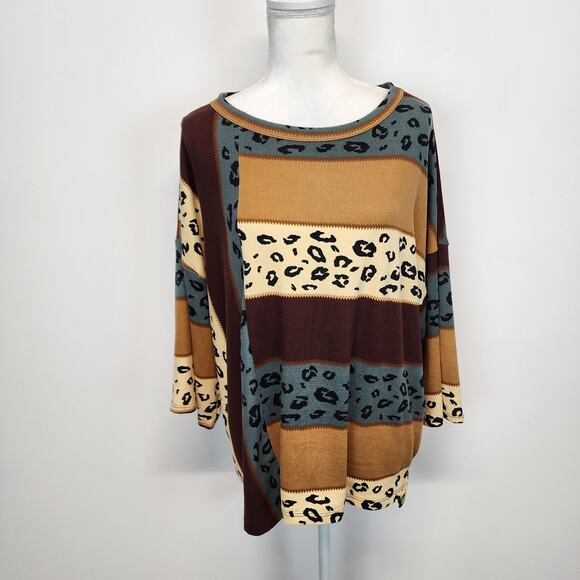 Oddy Pullover Top Size M/L Brown Leopard Colorblock Knit 3/4 Sleeve Teacher - Picture 1 of 11